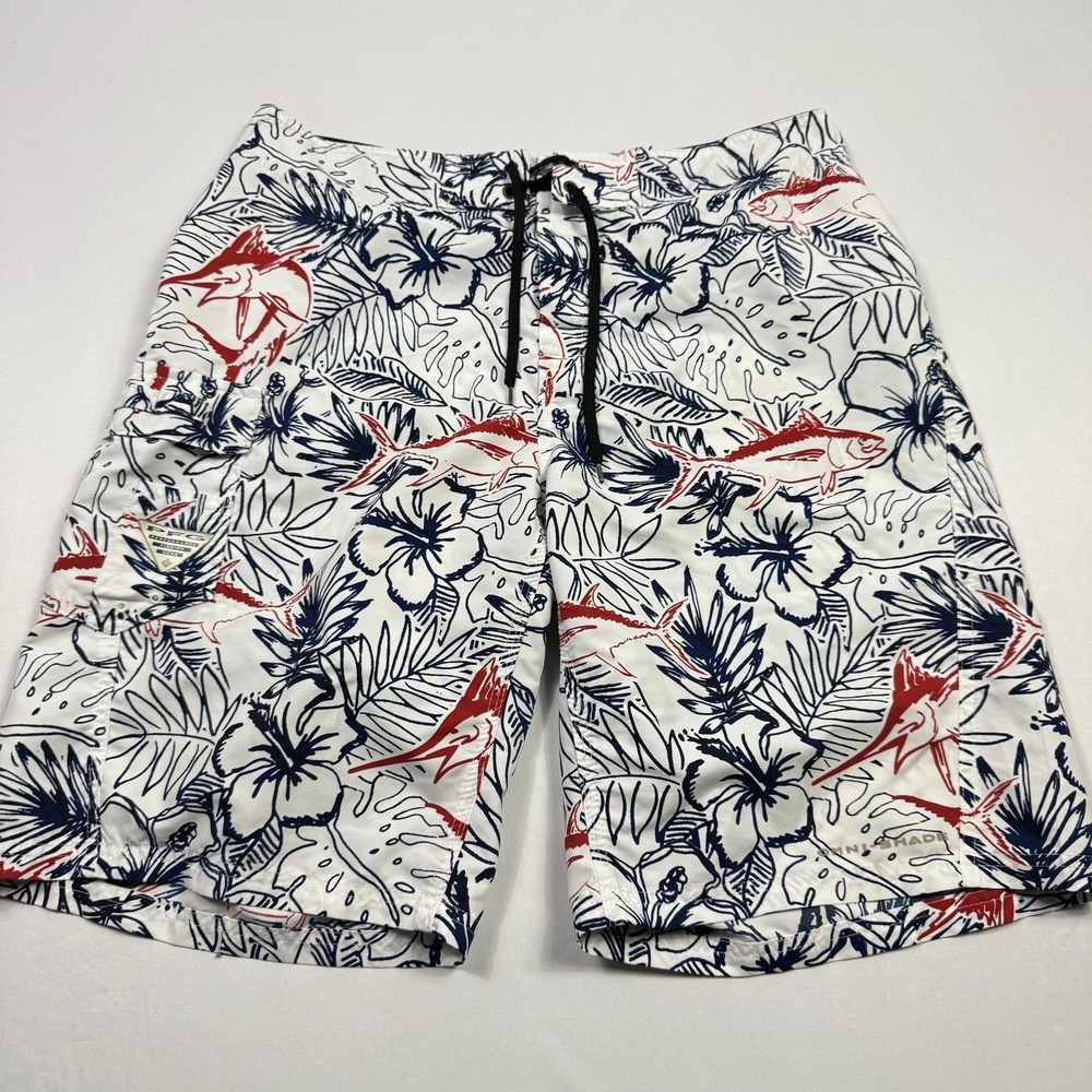 Columbia PFG Board Shorts Botanical Fish Print Gorpcore Coastal White Blue 38